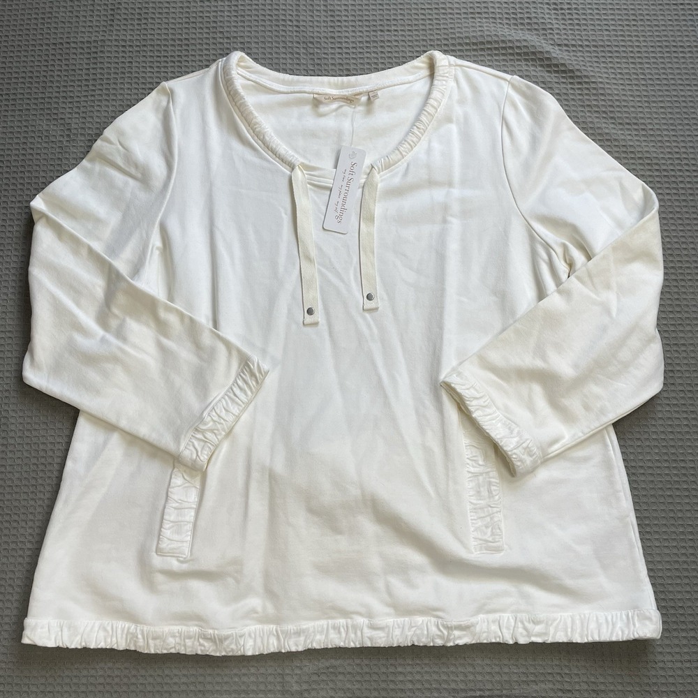 New Soft Surroundings Just Peachy Sweatshirt 1X Womens White Pockets